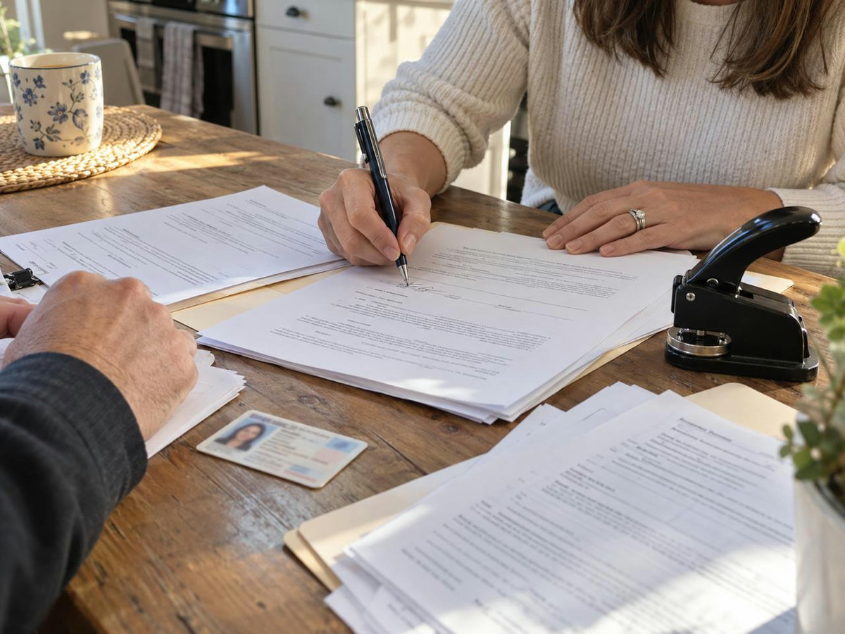 A mobile notary at a kitchen table reviewing real estate closing documents with a homeowner in a Pasco County home