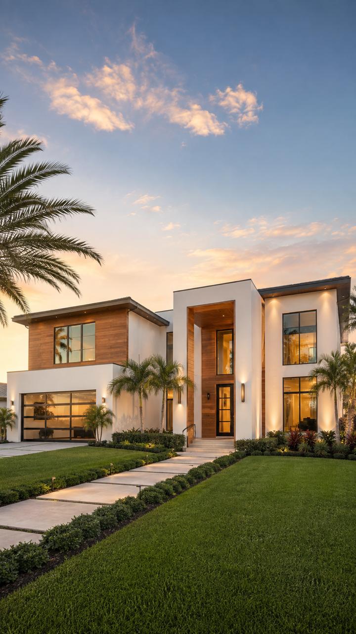 Modern luxury home exterior at dusk, representing professional real estate and notary services in Tampa Bay
